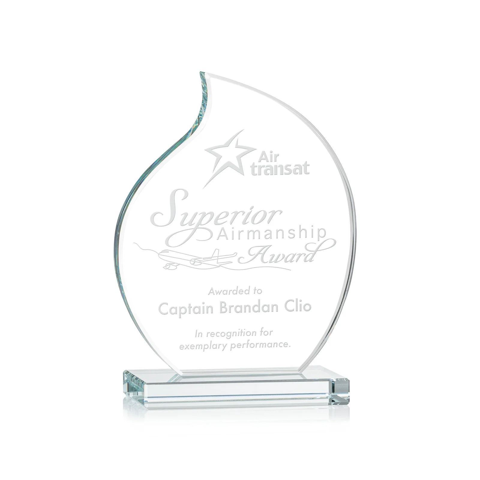 Custom Starfire Crystal Flame Award with Curved, Unfaceted Lines for corporate award ceremonies