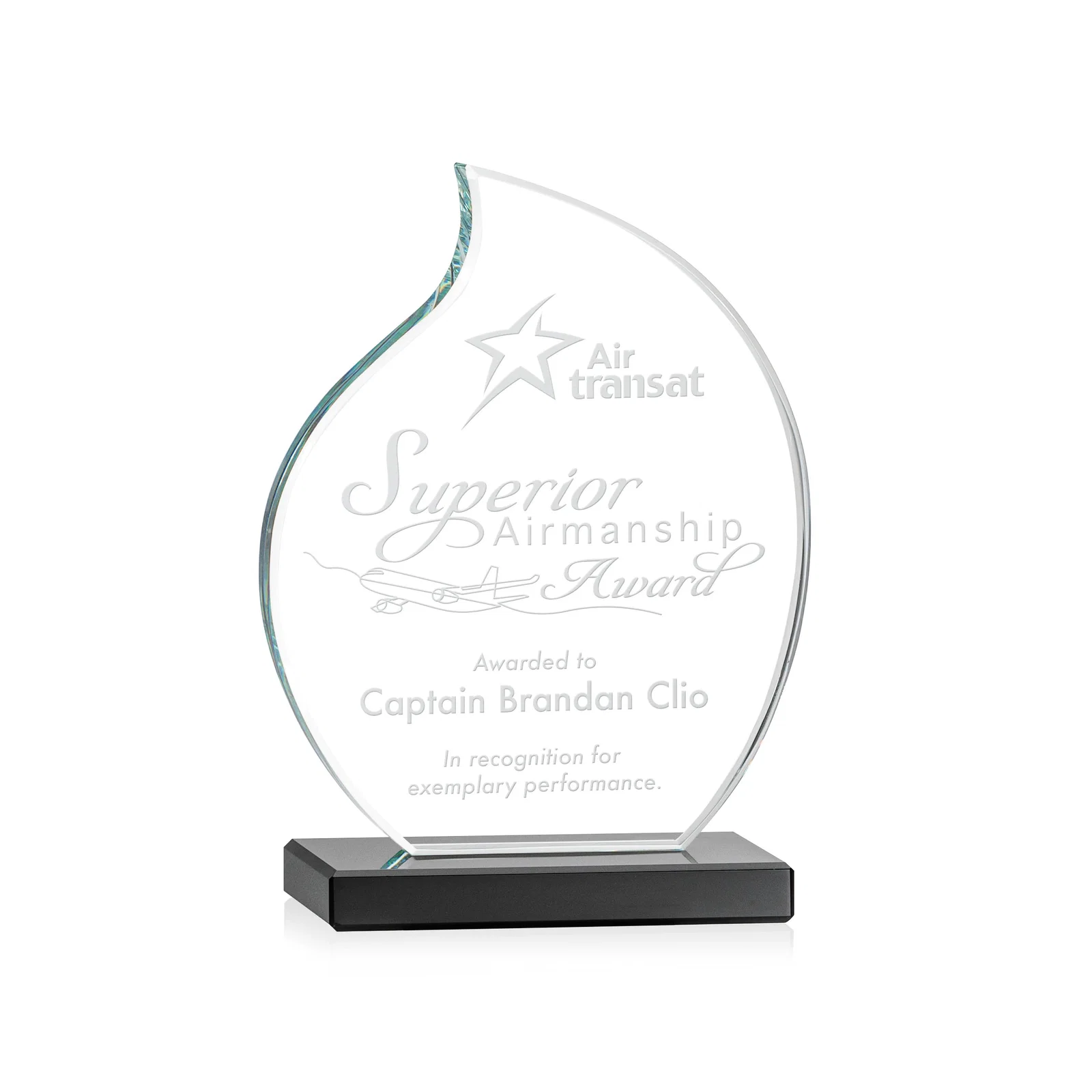 Custom Starfire Crystal Flame Award with Curved, Unfaceted Lines for service anniversary gifts