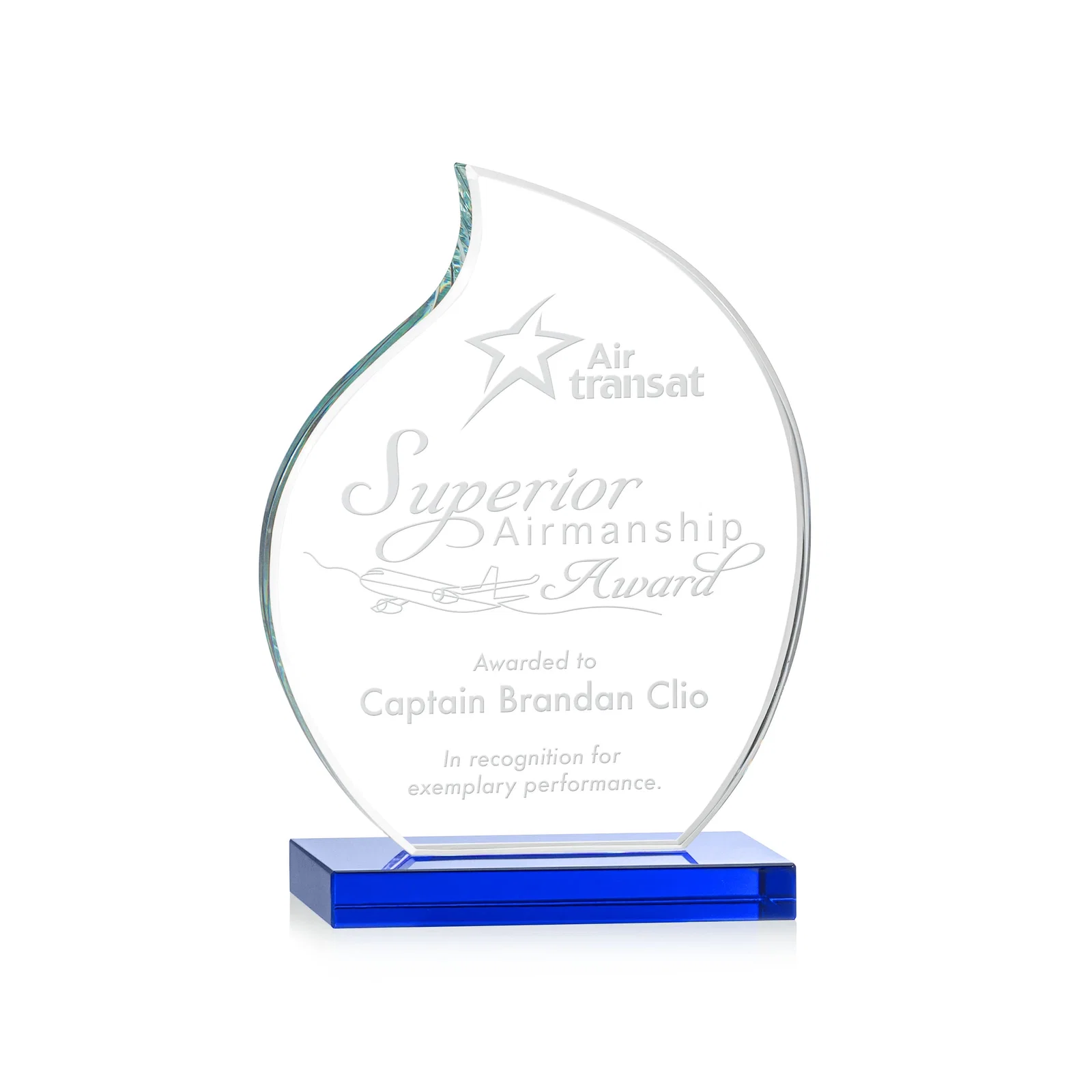 Custom Starfire Crystal Flame Award with Curved, Unfaceted Lines for sales achievement awards