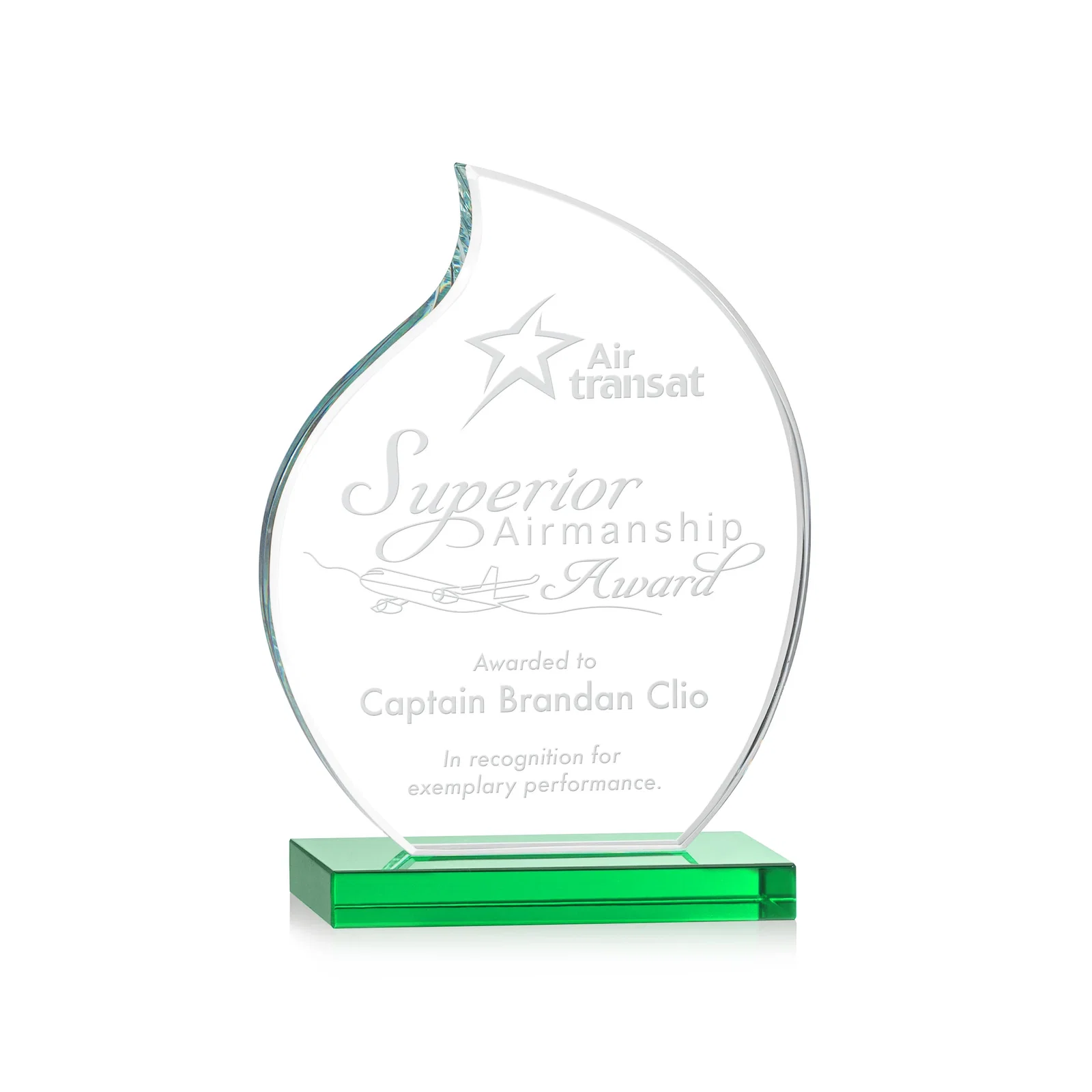 Custom Starfire Crystal Flame Award with Curved, Unfaceted Lines for retirement presentations