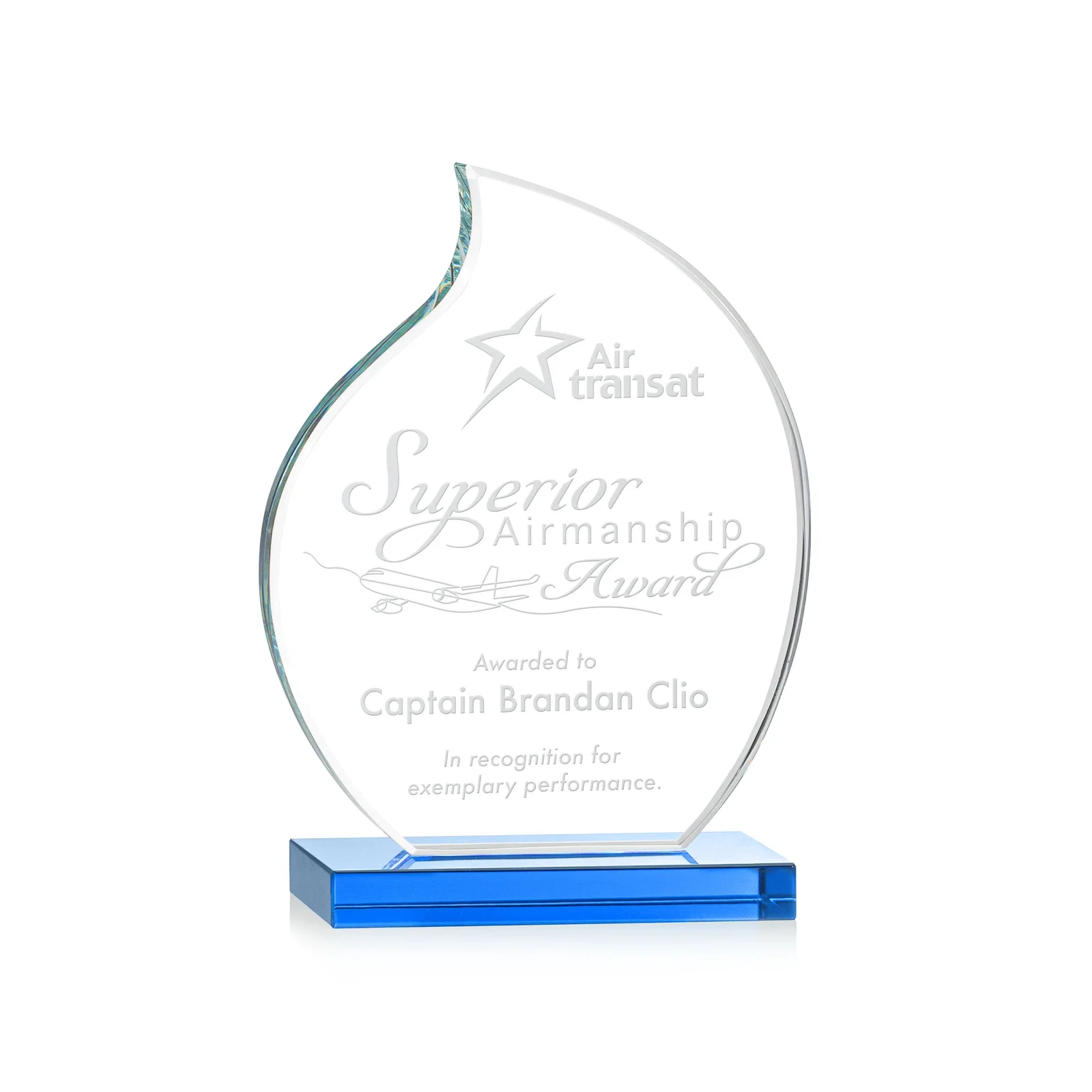 Custom Starfire Crystal Flame Award with Curved, Unfaceted Lines for team milestone celebrations