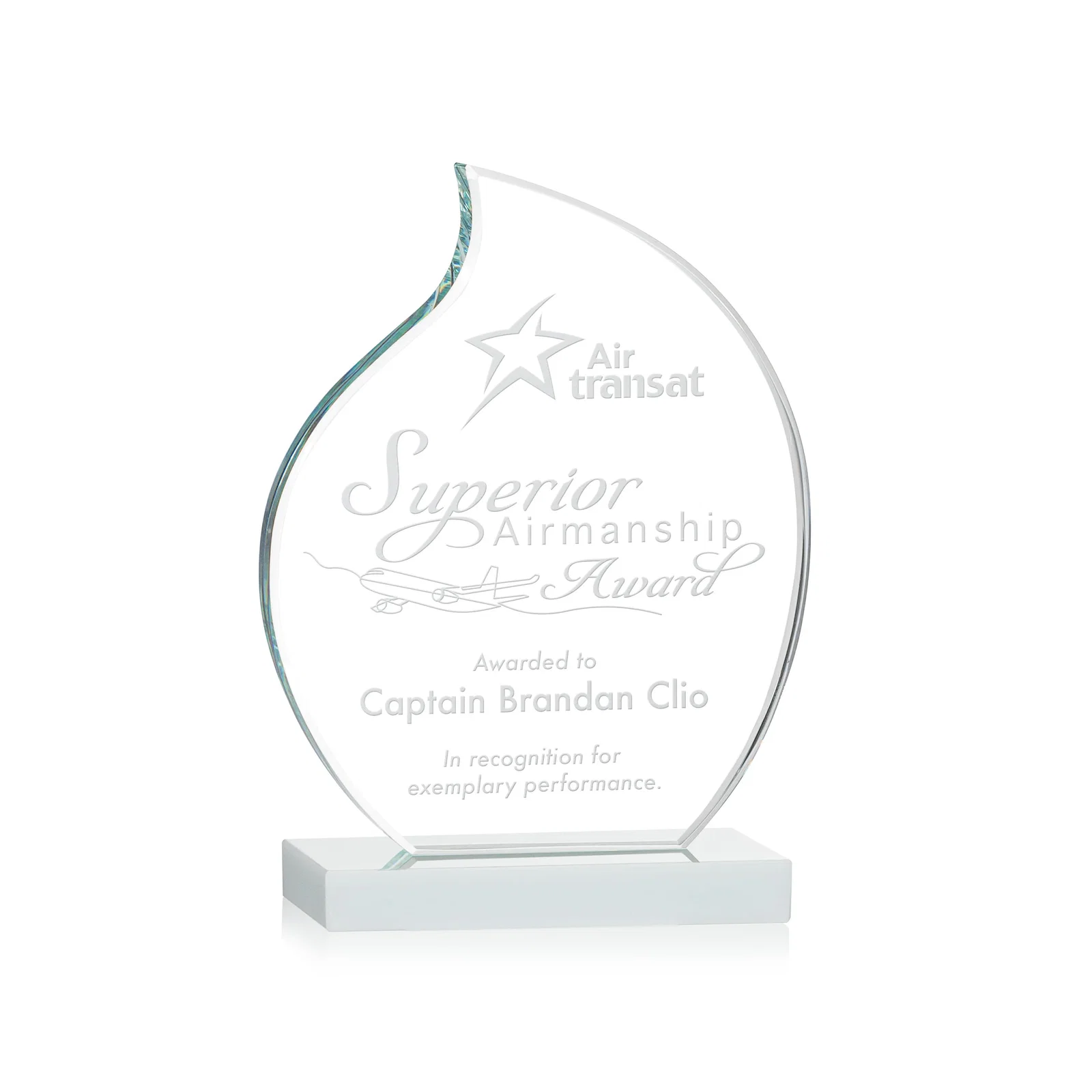 Custom Starfire Crystal Flame Award with Curved, Unfaceted Lines for donor appreciation