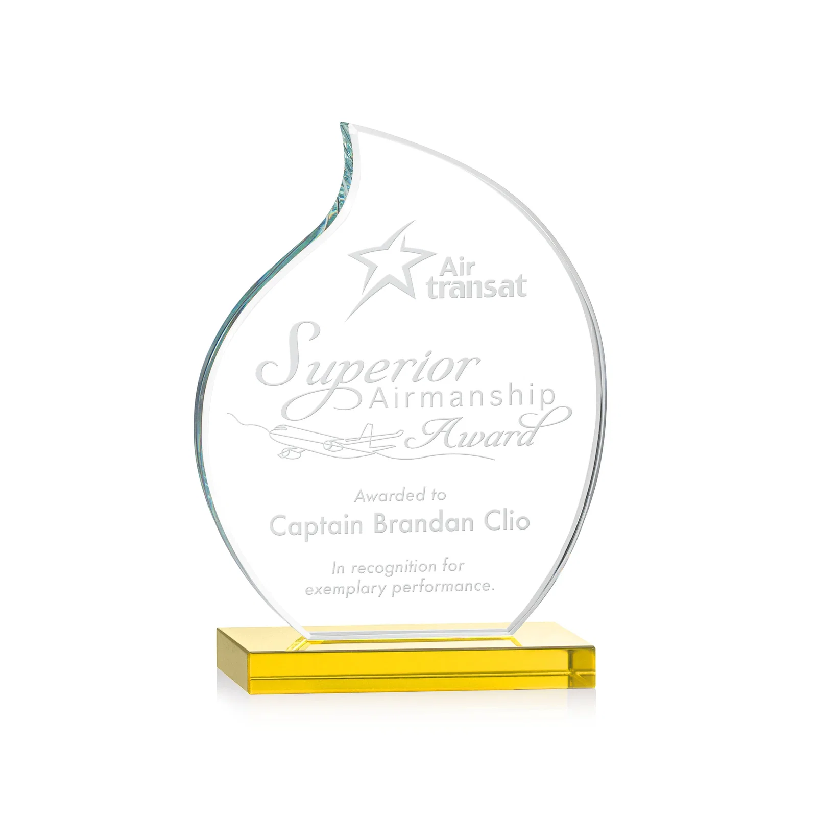 Custom Starfire Crystal Flame Award with Curved, Unfaceted Lines for graduation ceremonies