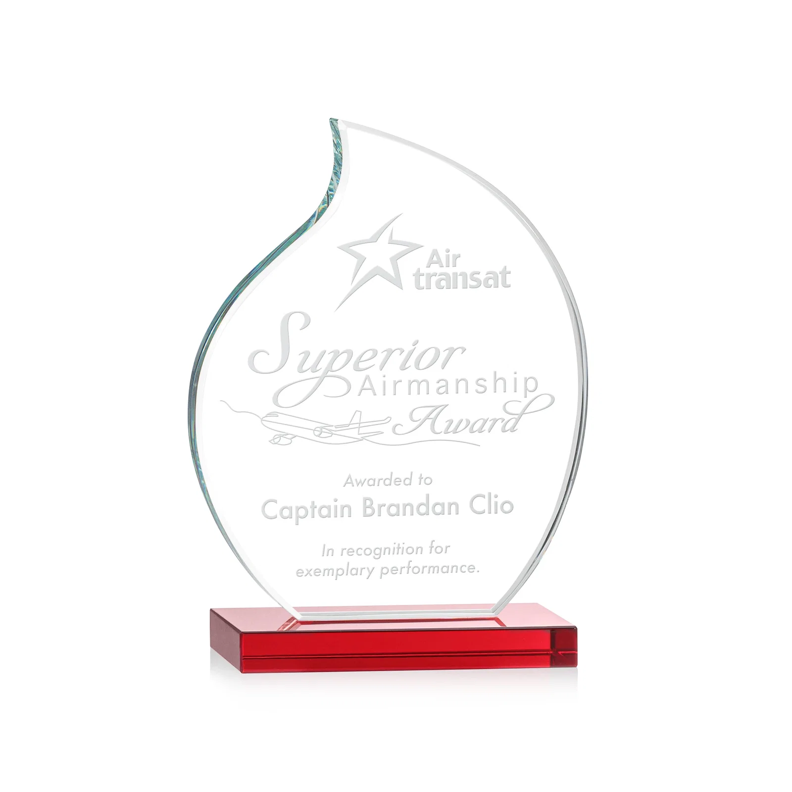 Custom Starfire Crystal Flame Award with Curved, Unfaceted Lines for safety achievement programs