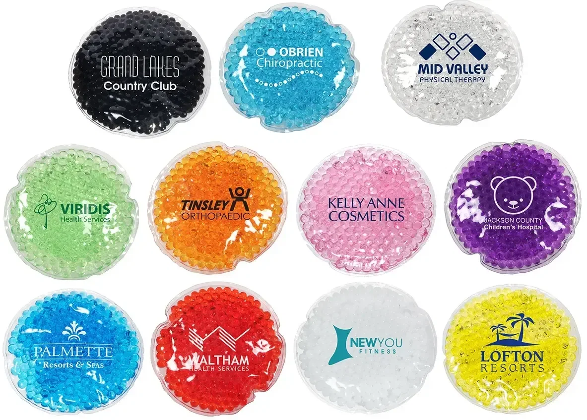 Custom Round Aqua Pearls Hot/Cold Pack, branded round disc gel pack for warm or cold relief, front view