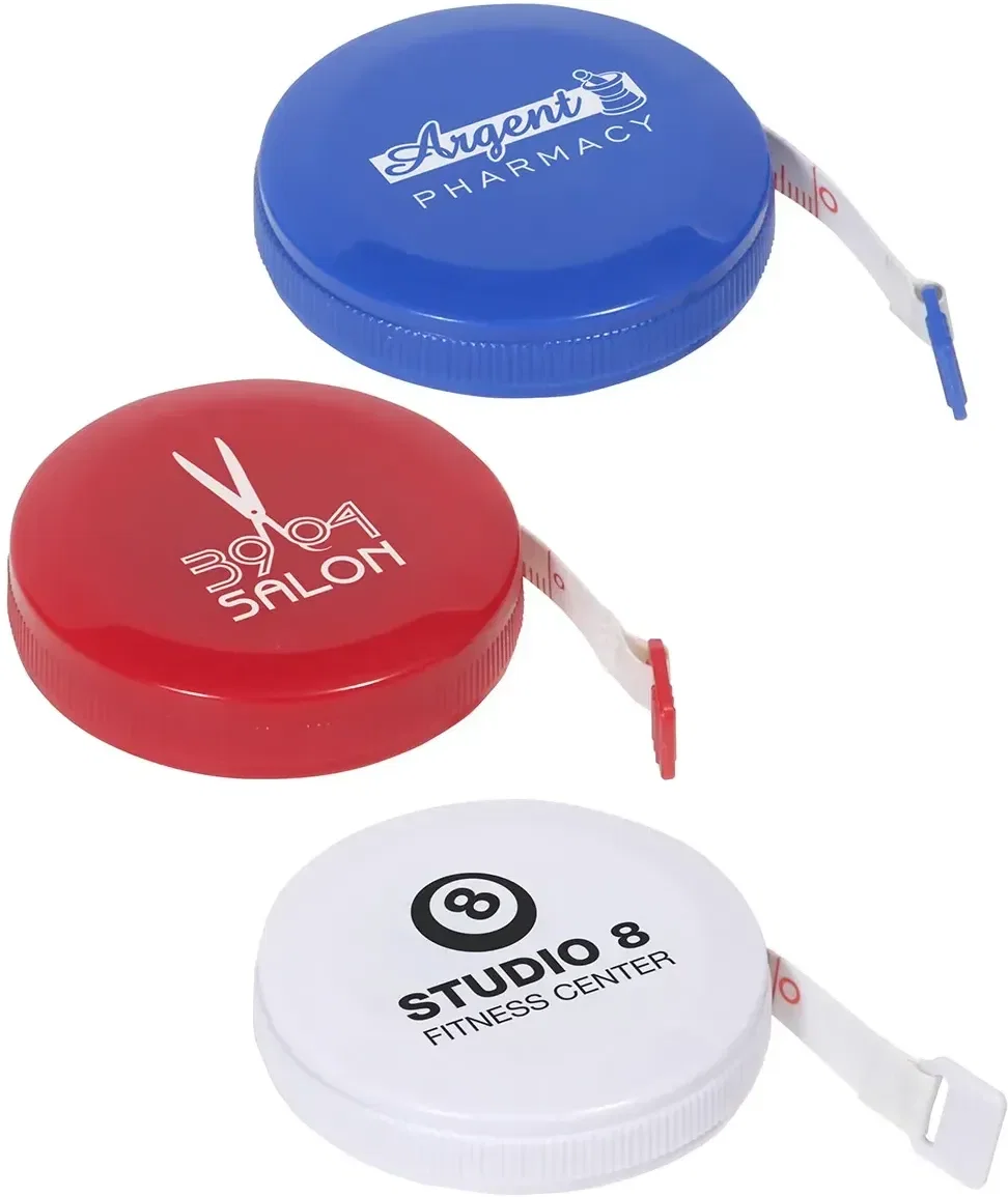 Round custom auto-lock tape measure with branded logo, front view