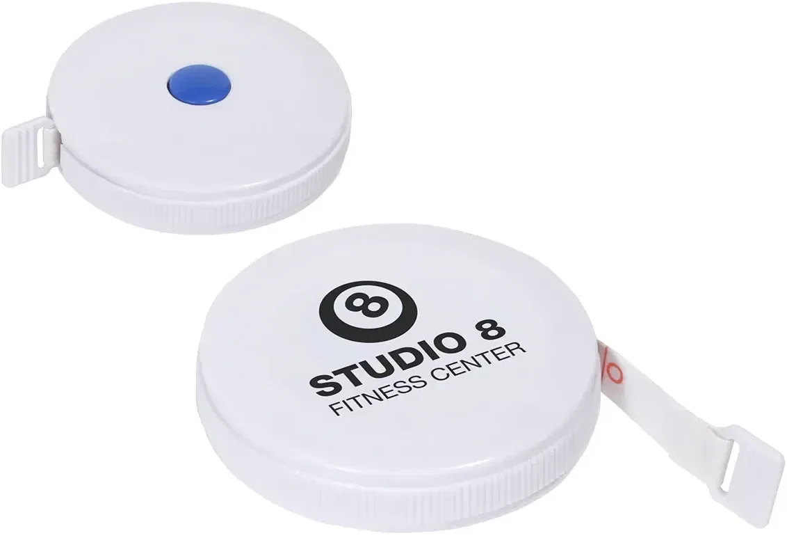 Branded promotional round tape measure showing auto-lock button and blade