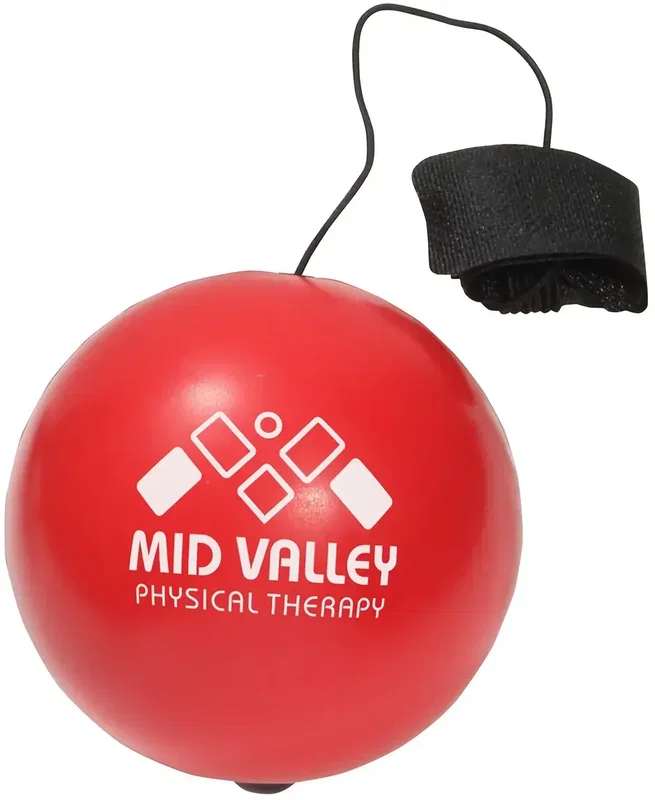 Branded bungee stress ball fidget toy, close-up of logo imprint area on the sphere