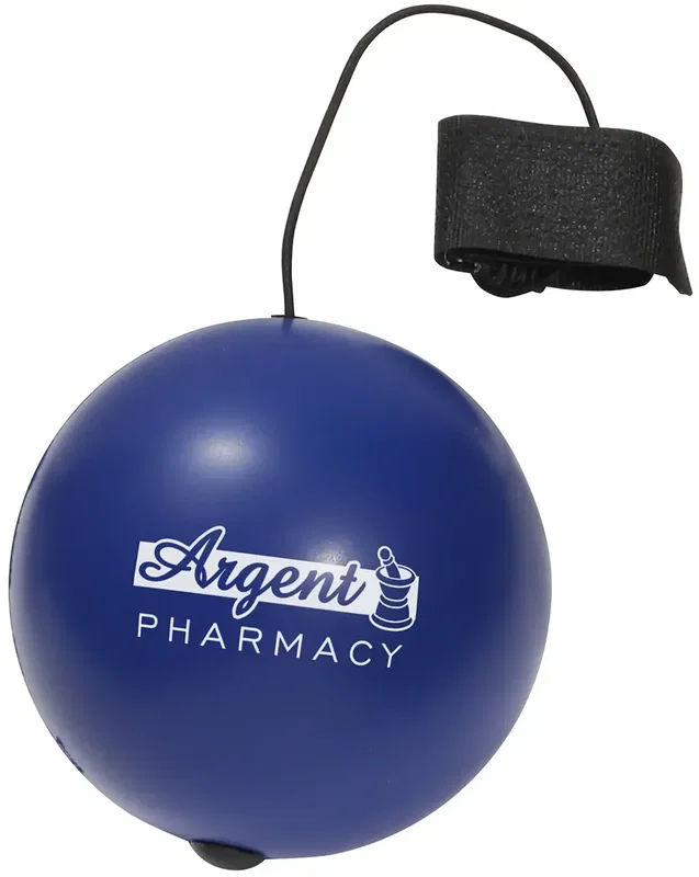 Custom bungee stress ball in hand, showing scale of the promotional squeeze toy