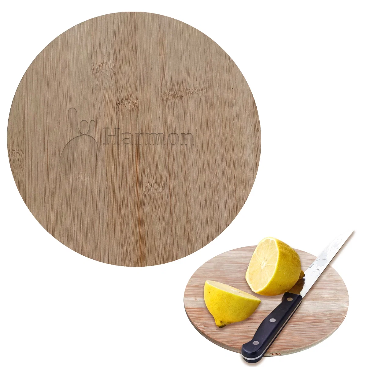 Circular chopping board made of bamboo, roughly eight inches across