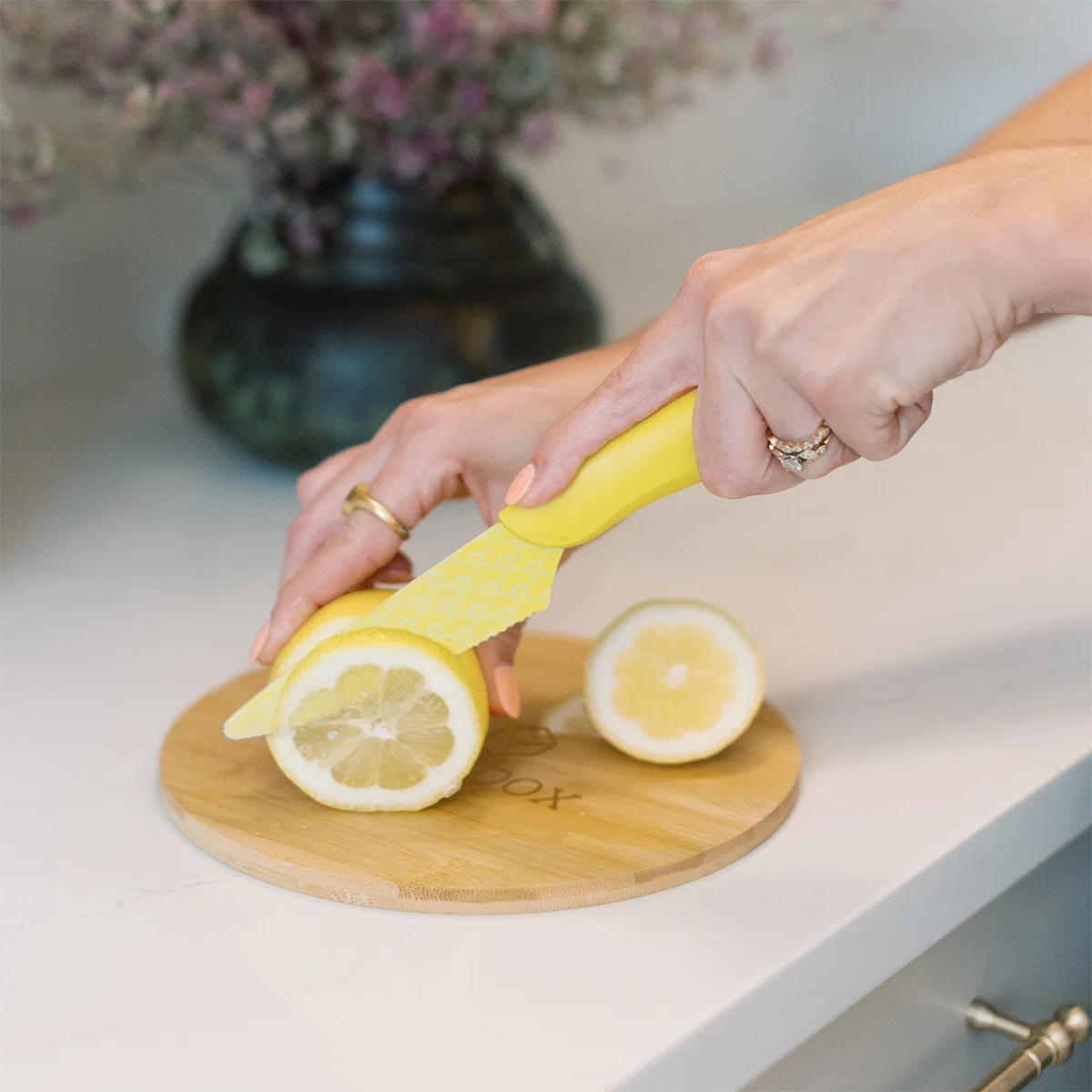Round Bamboo Cutting Board in use