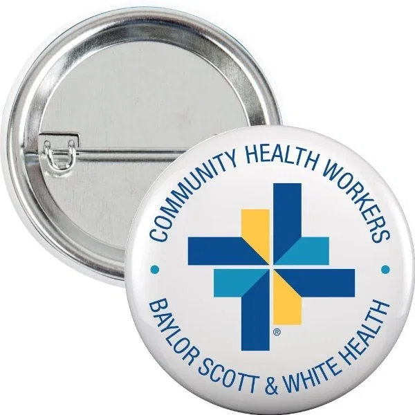 1.25 inch round button with safety pin, white laminate finish, front view