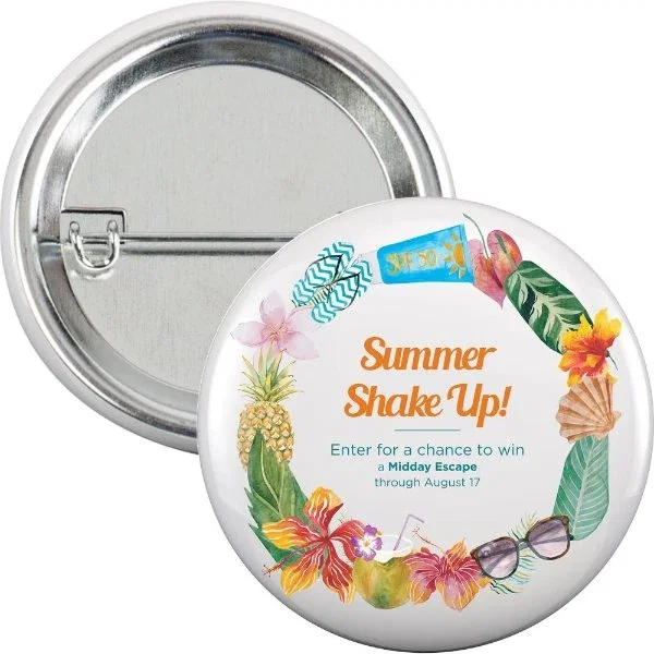2.5 inch Round Button with Safety Pin, laminated two-piece button, front view