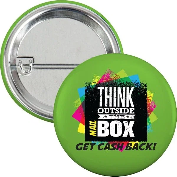 2-1/4 inch round button with safety pin, laminated white paper front, promotional hero view