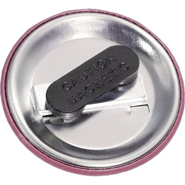 2-1/4 inch round button displaying full-color custom imprint area on laminated face