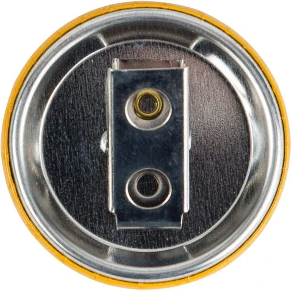 2-1/4 inch round button shown angled to highlight protective laminate finish