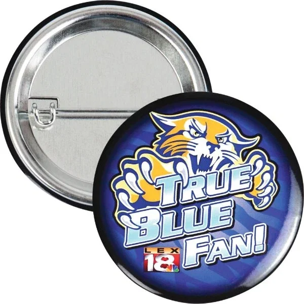 3 inch round button with safety pin, laminated white paper front, promotional hero view