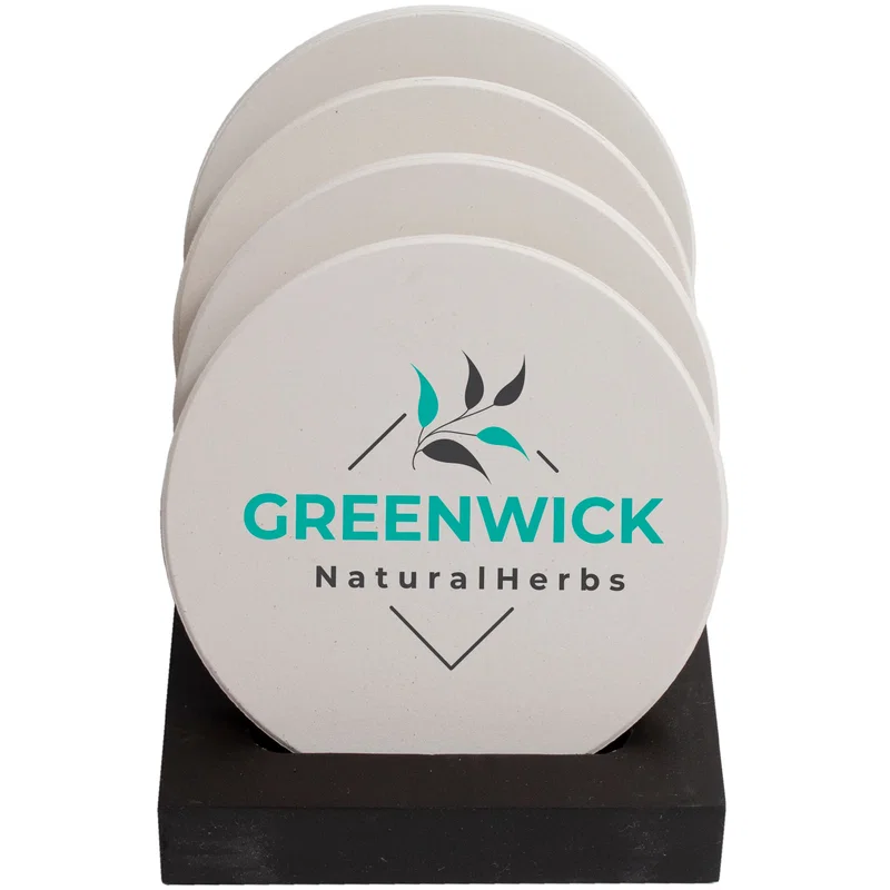 Round Ceramic Coaster: 4 Pc. Set with Stand