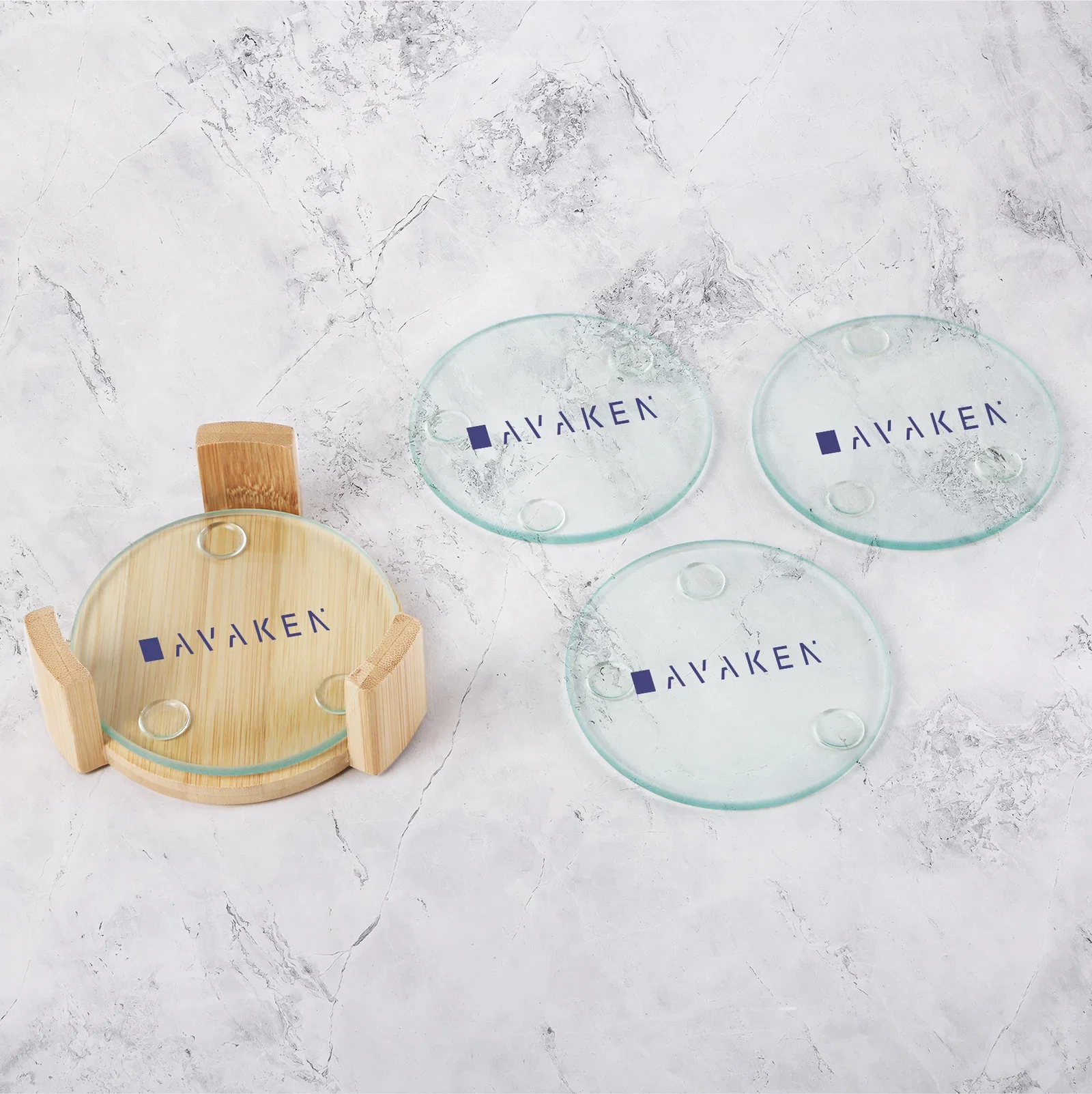 Round Glass Coasters: 5 Piece Set with Wood Stand