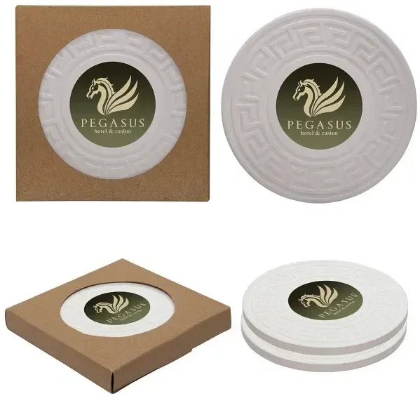 Round Greek Key Absorbent Stone Coaster Duo