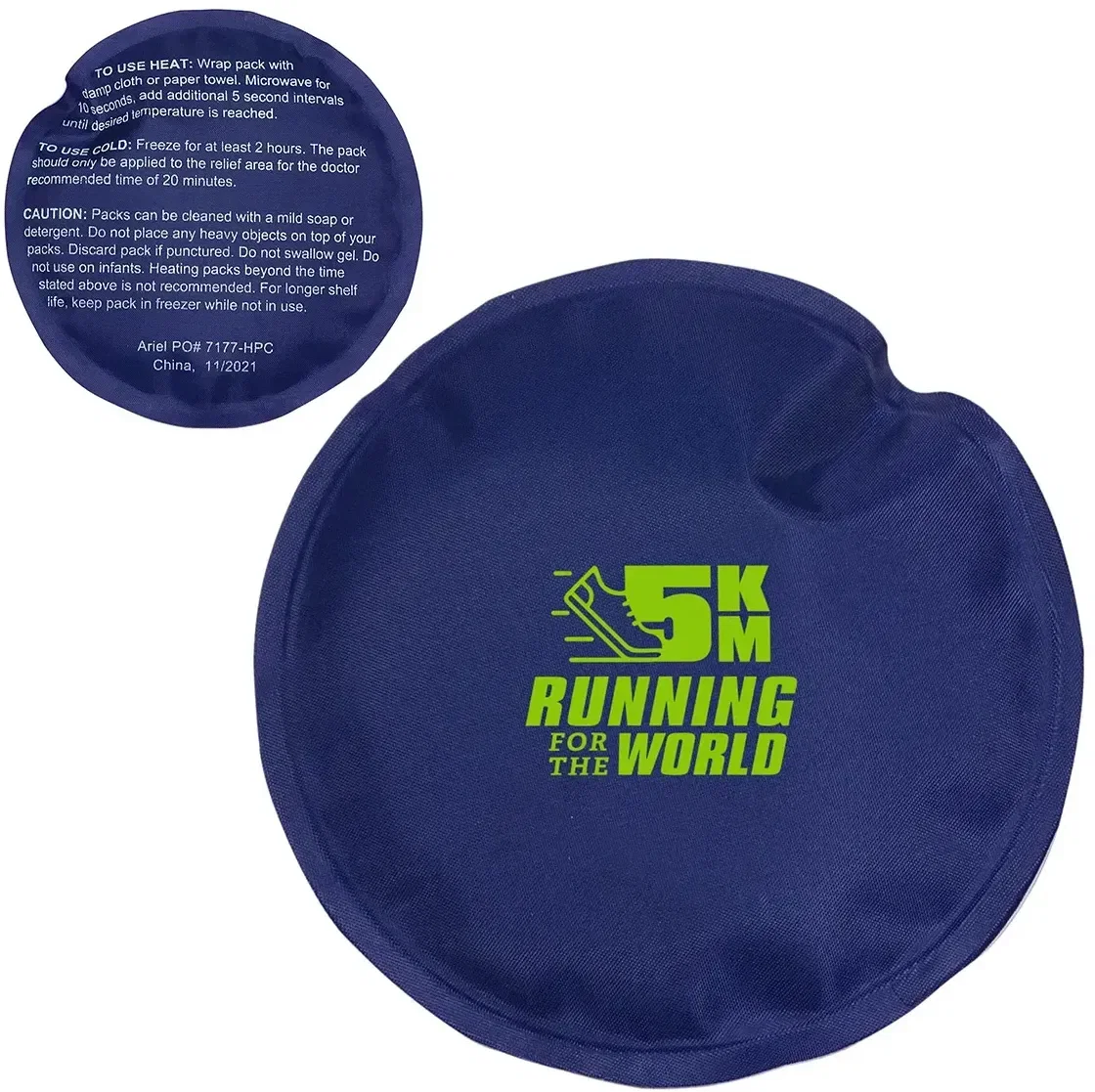 Side view of the branded round nylon-covered hot and cold pack, a promotional wellness giveaway