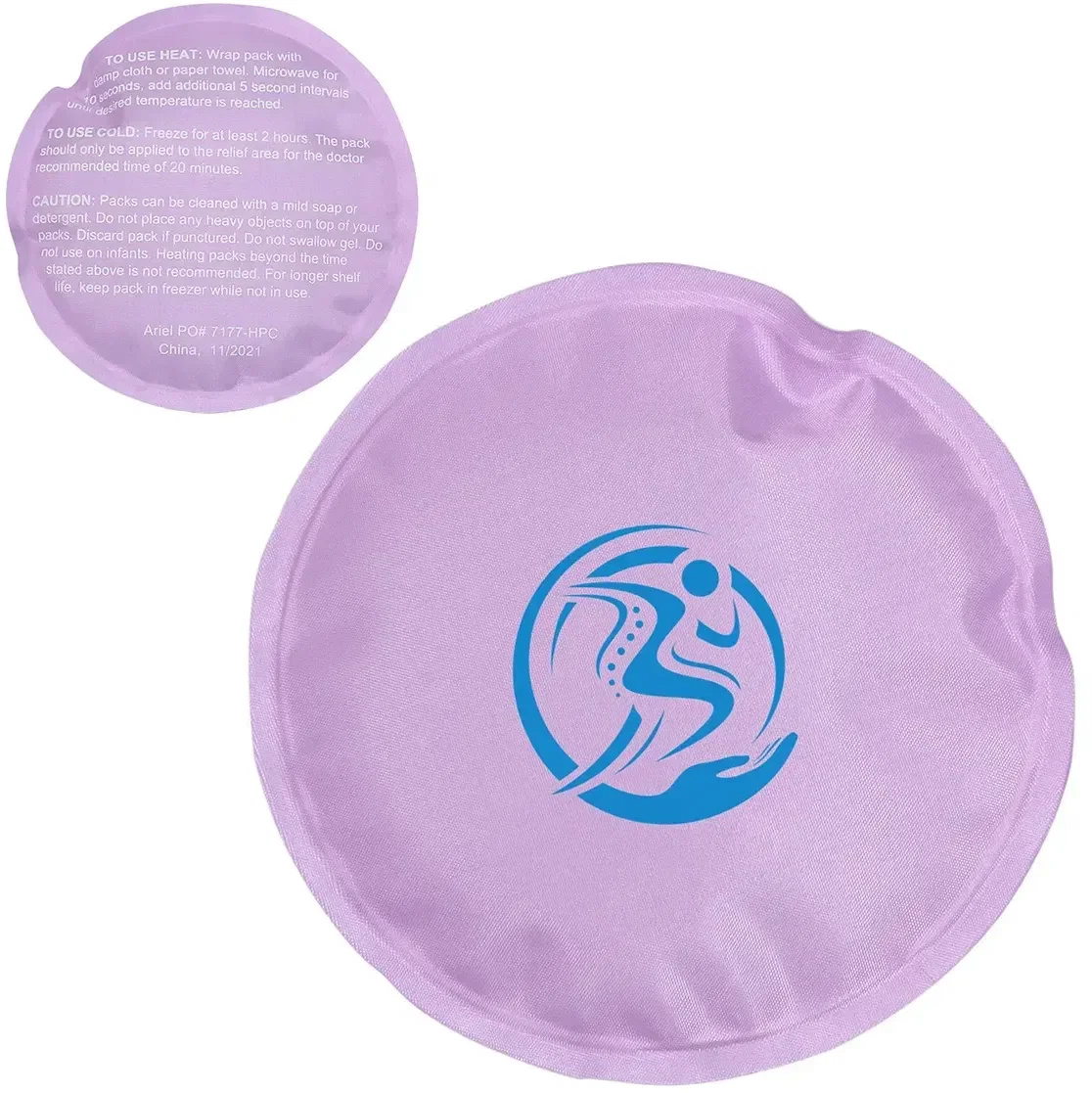 Custom round hot/cold therapy pack showing the soft nylon cover for logo imprinting