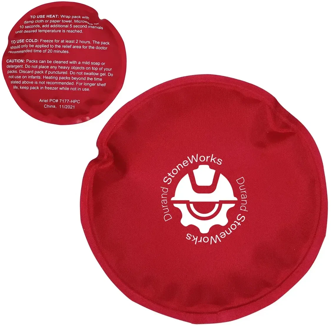 Promotional round nylon hot and cold pack held in hand to show scale with logo space