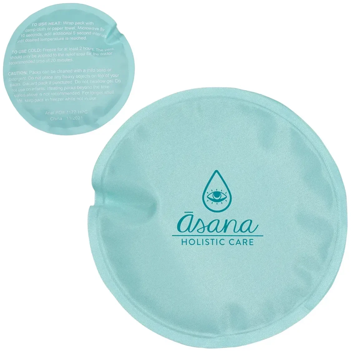 Back view of the custom round nylon-covered hot/cold pack for clinic giveaways