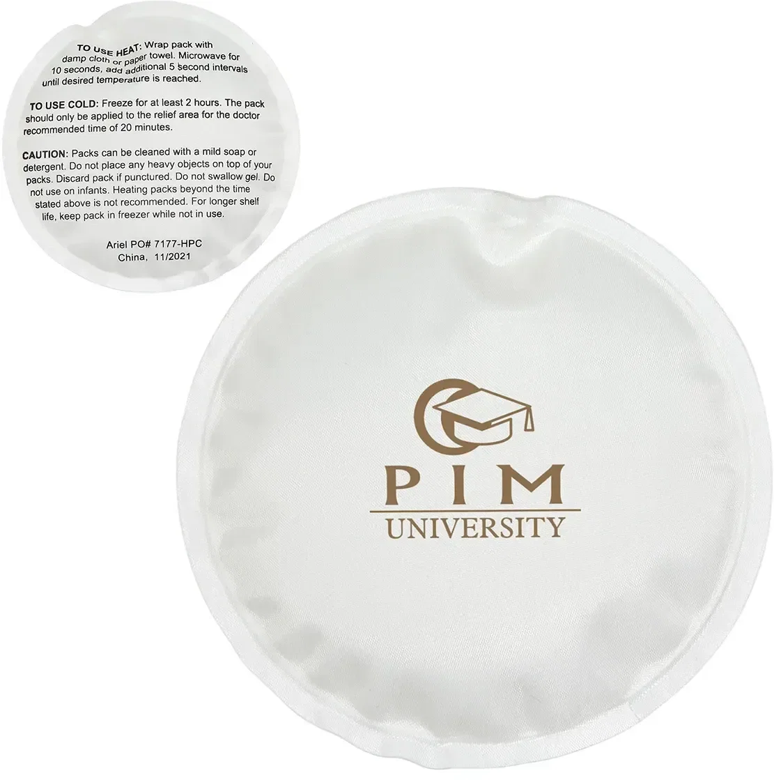 Branded round hot and cold therapy pack shown chilled for cold relief with logo area