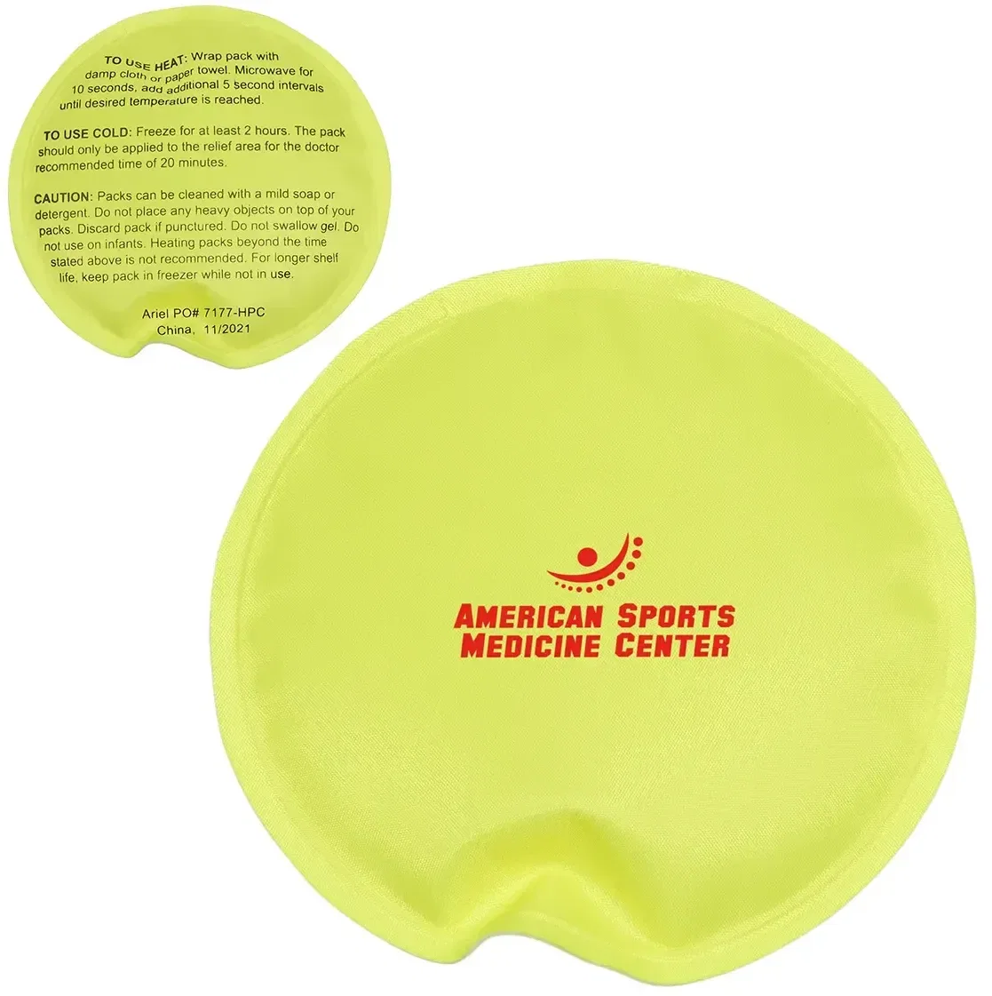 Round nylon-covered hot/cold pack warmed for therapy, a custom promotional wellness gift