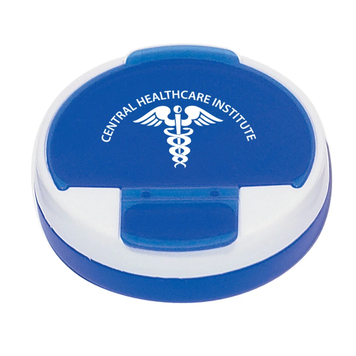Round plastic pill holder about two and three quarter inches across