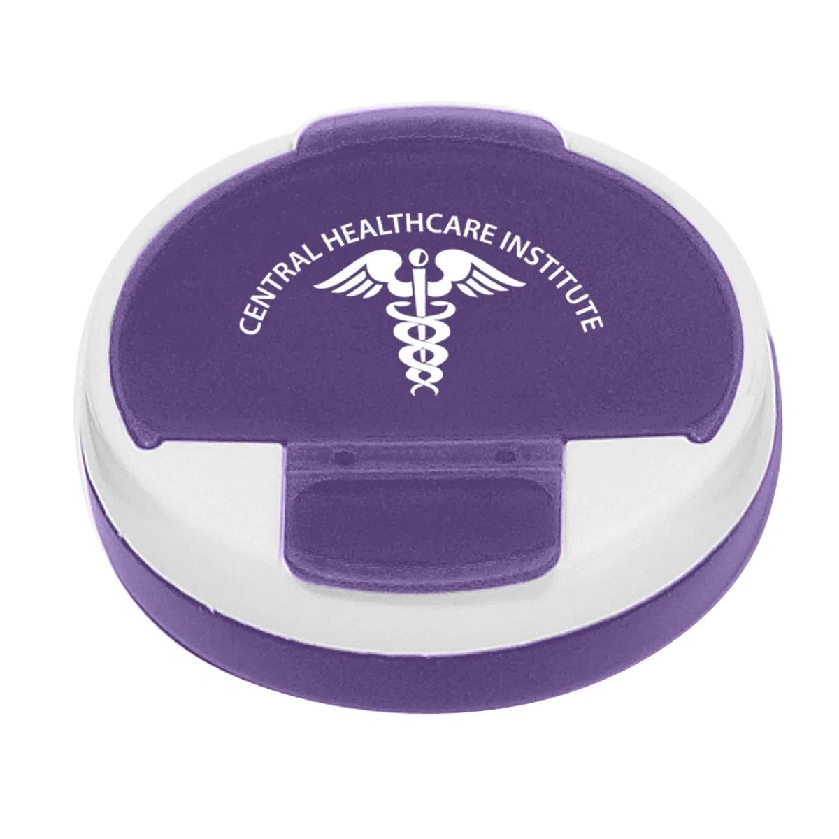 Top-down view of the circular tablet container and its lid