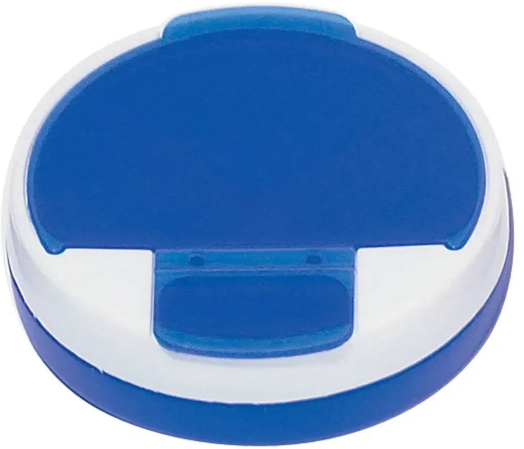 Logo pill holder in frosted plastic with white trim edging
