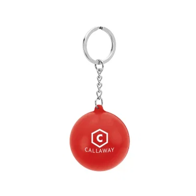 Red foam sphere hanging from its metal ring