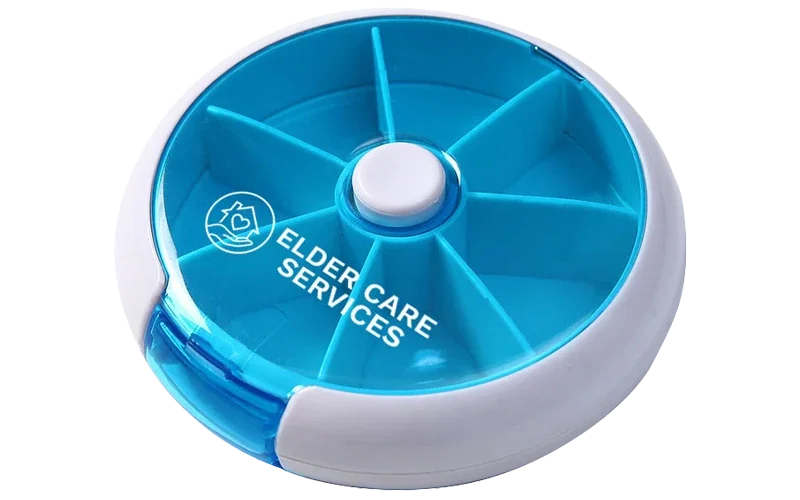 Round Push Button Pill Box custom-printed with a logo — view 1