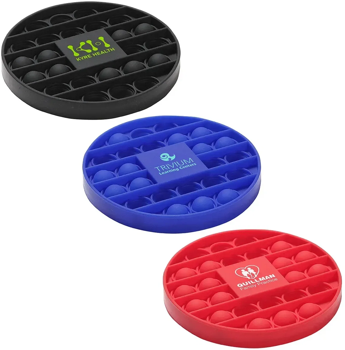 Round Silicone Push Pop Bubble Game, custom fidget toy front view with a logo-ready bubble surface