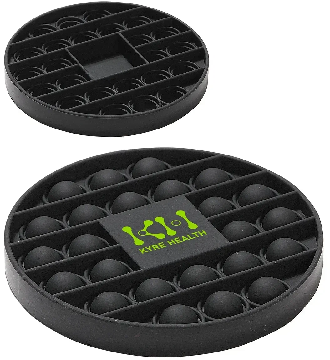Close-up of the custom push pop bubble game showing the soft silicone surface for logo imprinting