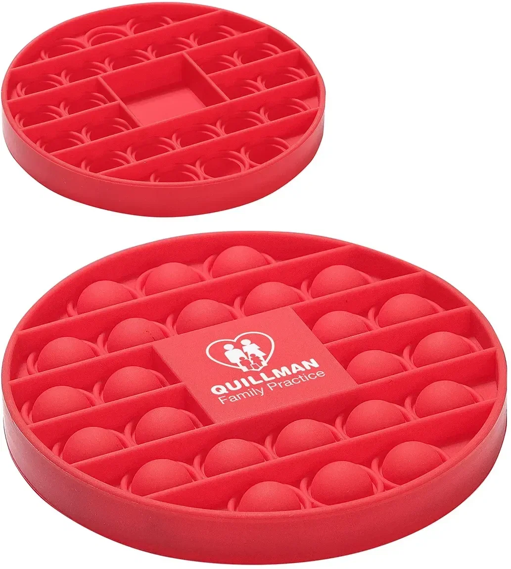 Promotional push pop bubble fidget game shown in several colors with room for a branded logo