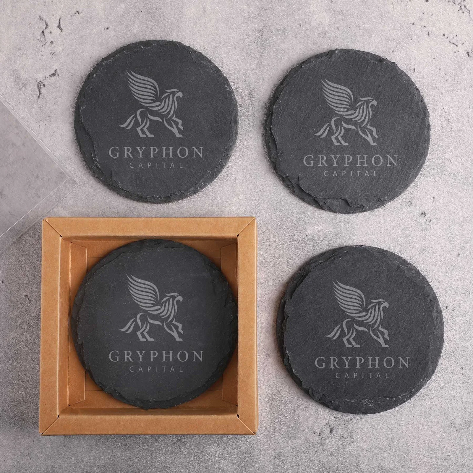 Round Slate 4 Pc. Coaster Set In Box