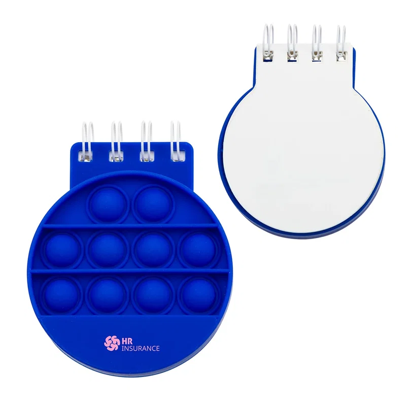 Custom Spiral Notebook Push Pop shown held in hand, style 1 branded notebook in-use shot