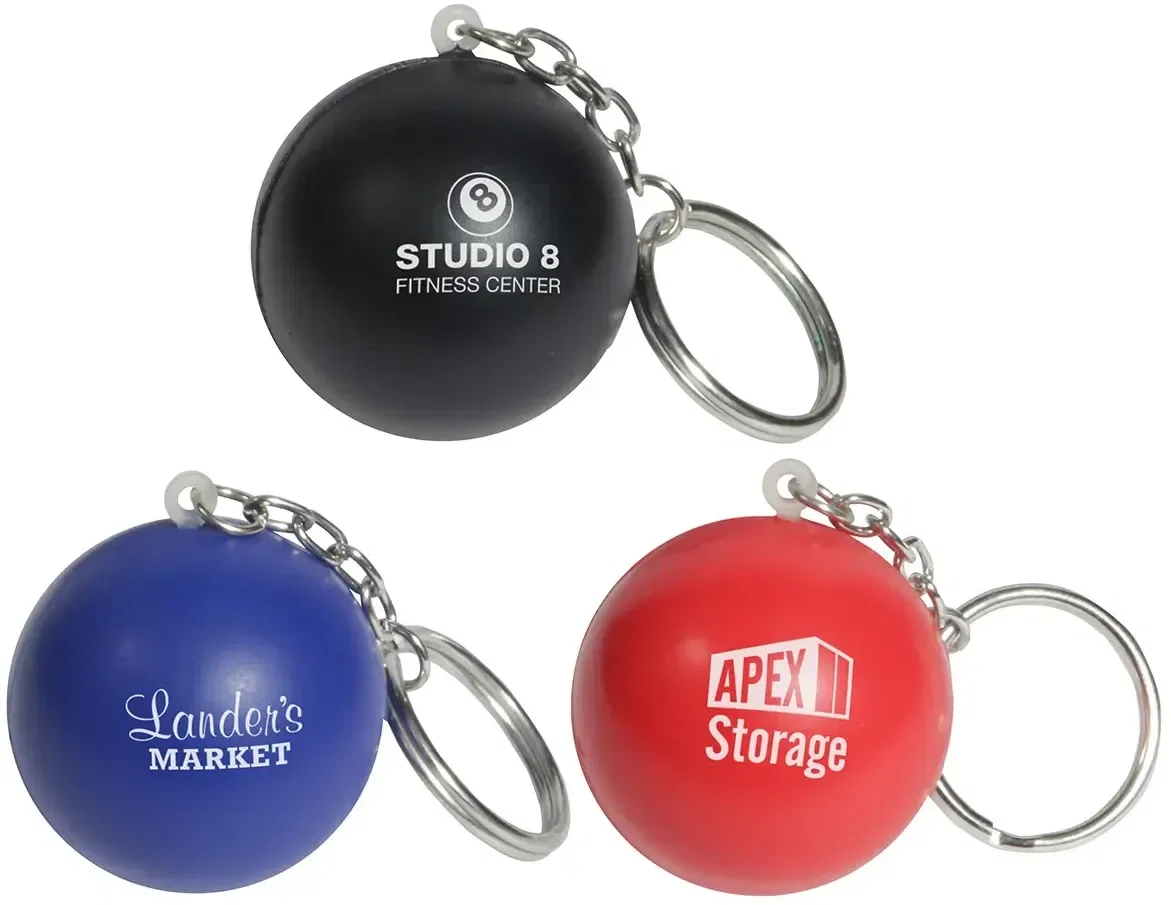 Round Stress Ball Keychain, a custom logo round promotional stress ball clipped to keys, front view