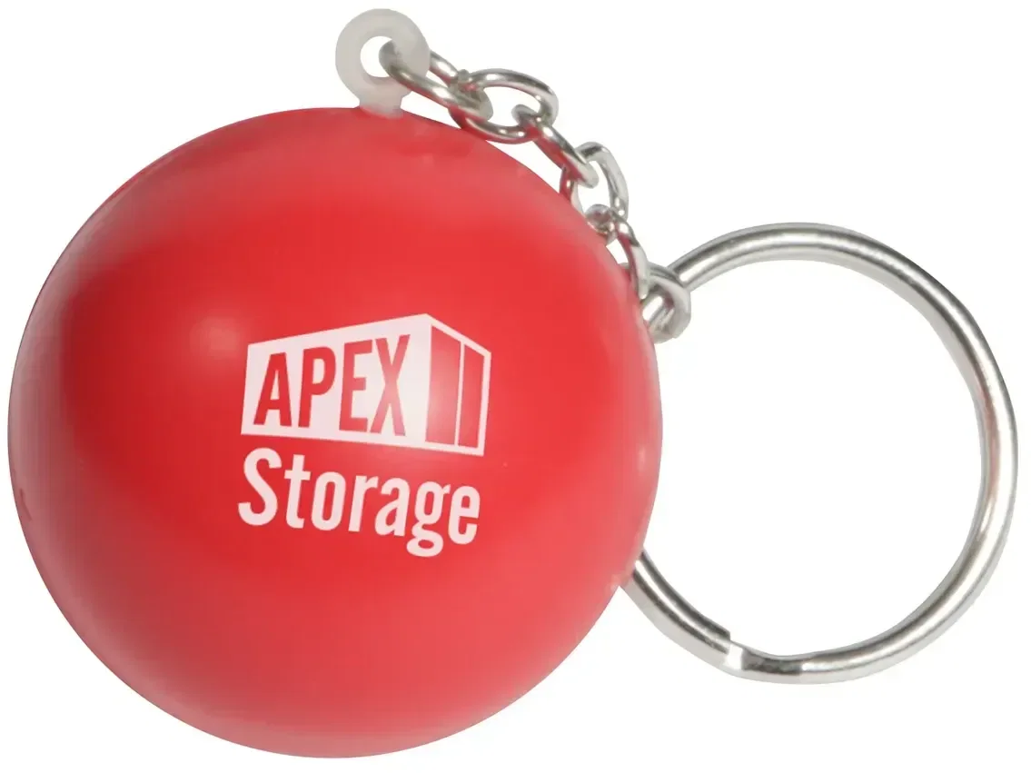 Branded round stress ball keychain, side detail of the custom promotional squeeze giveaway