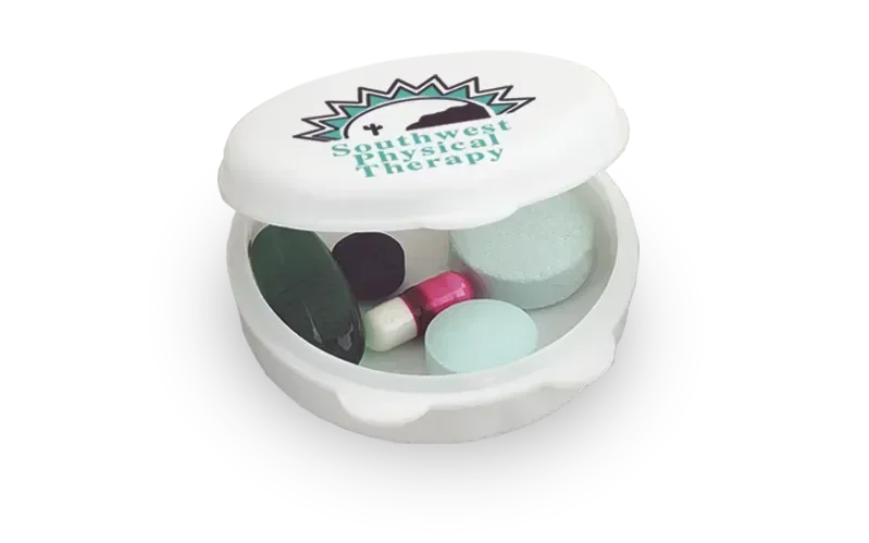 Round-The-Clock Pill Box. Compact polypropylene pill box with living-hinge lid for pharmacy giveaways