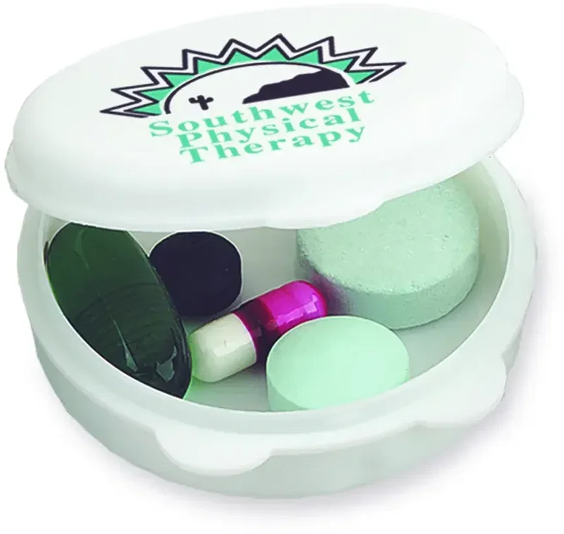 Round-The-Clock Pill Box. Compact polypropylene pill box with living-hinge lid for pharmacy giveaways, view 5