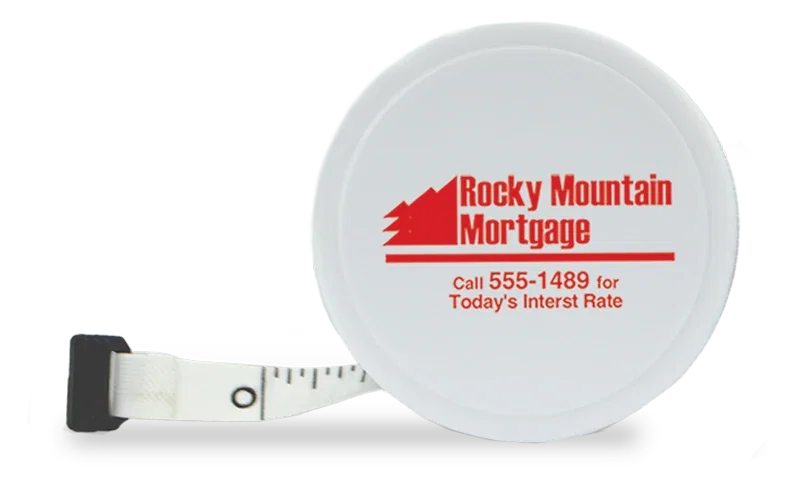 Round-The-House Auto-Rewind Tape Measure. Pocket-size 6-foot pull tape measure with inch and metric marks for realtor giveawa