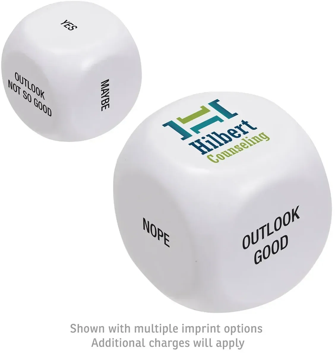 Branded Rounded Cube Serenity Squishy, custom slow-release squeeze toy angled side view showing logo panel