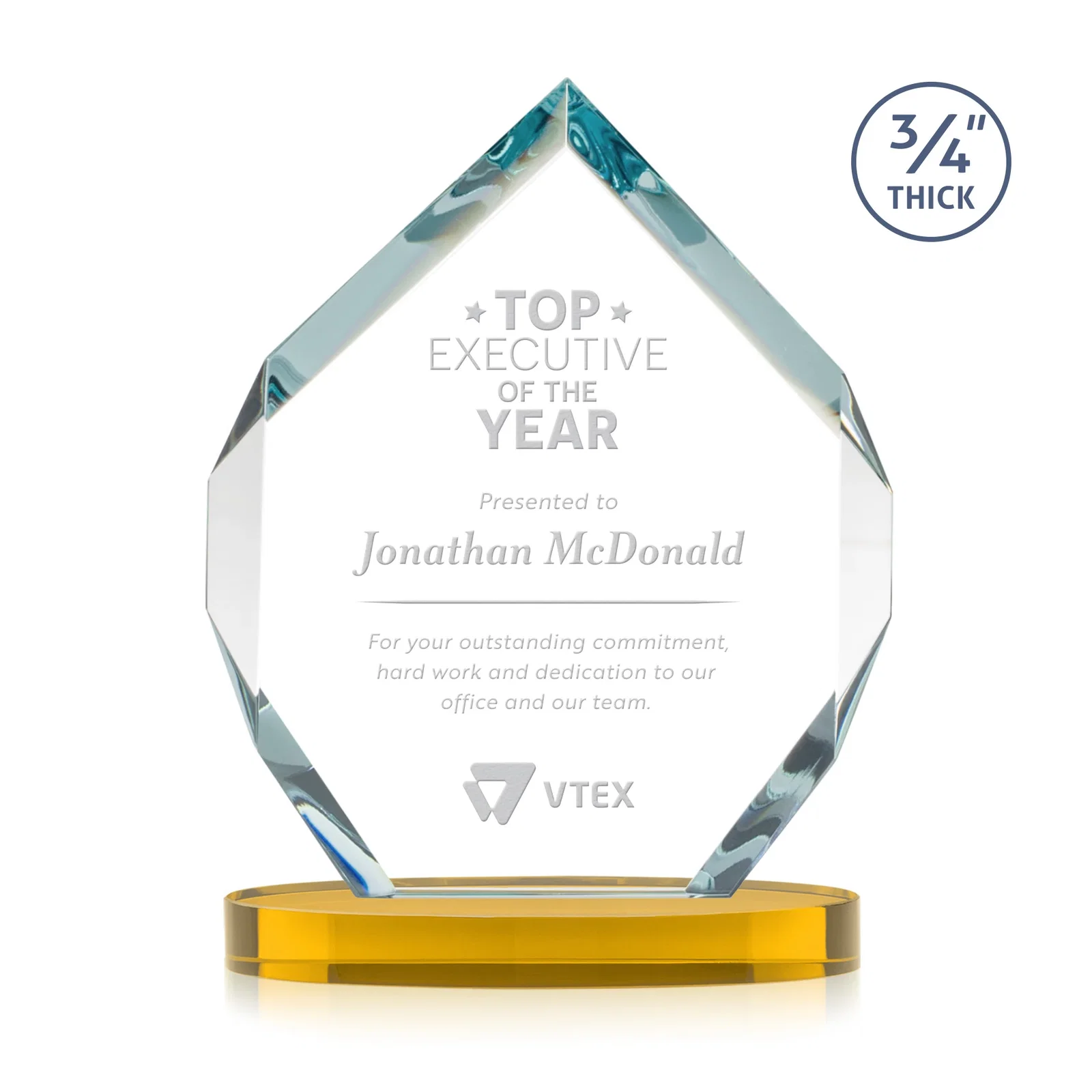 Custom Six-Sided Starfire Crystal Diamond Award with Constant-Width Bevels for volunteer appreciation