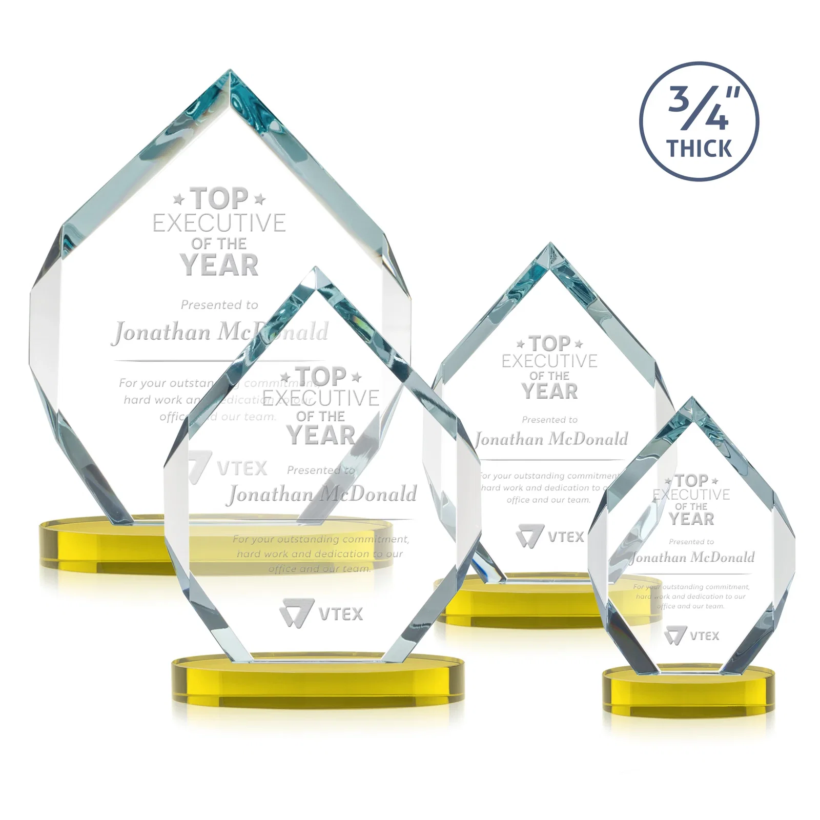 Custom Six-Sided Starfire Crystal Diamond Award with Constant-Width Bevels for dealer and partner awards