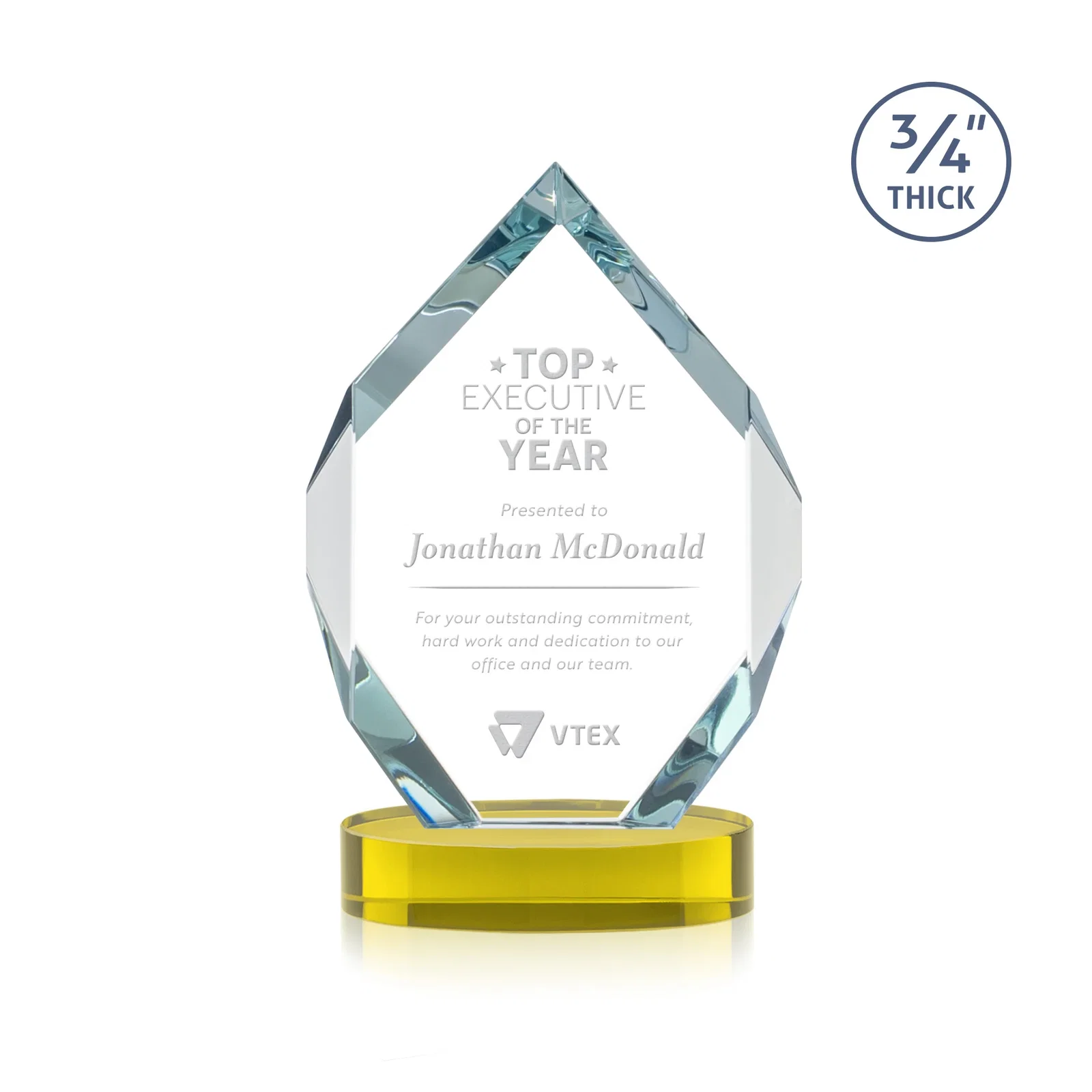 Custom Six-Sided Starfire Crystal Diamond Award with Constant-Width Bevels for company anniversary events