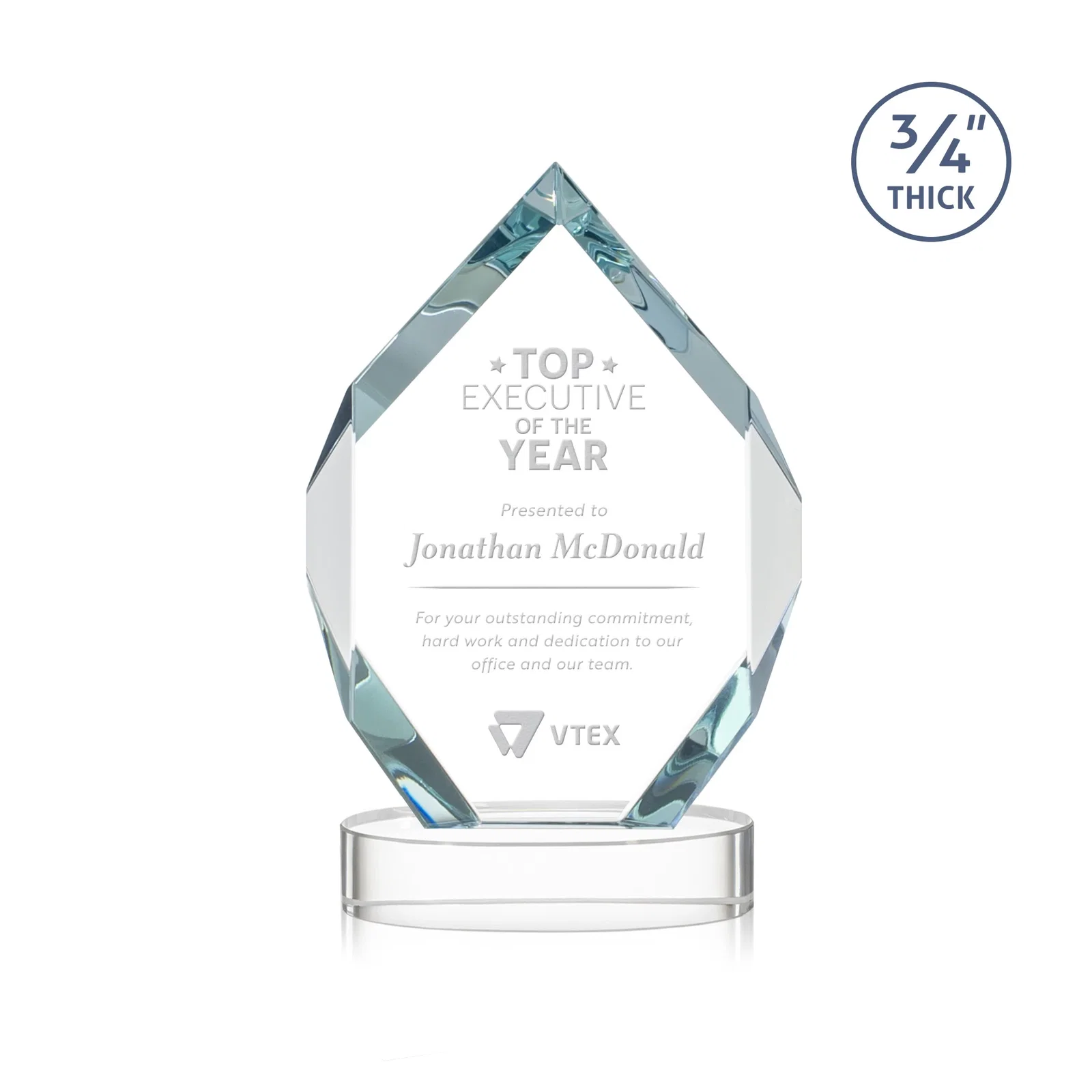 Custom Six-Sided Starfire Crystal Diamond Award with Constant-Width Bevels for corporate award ceremonies